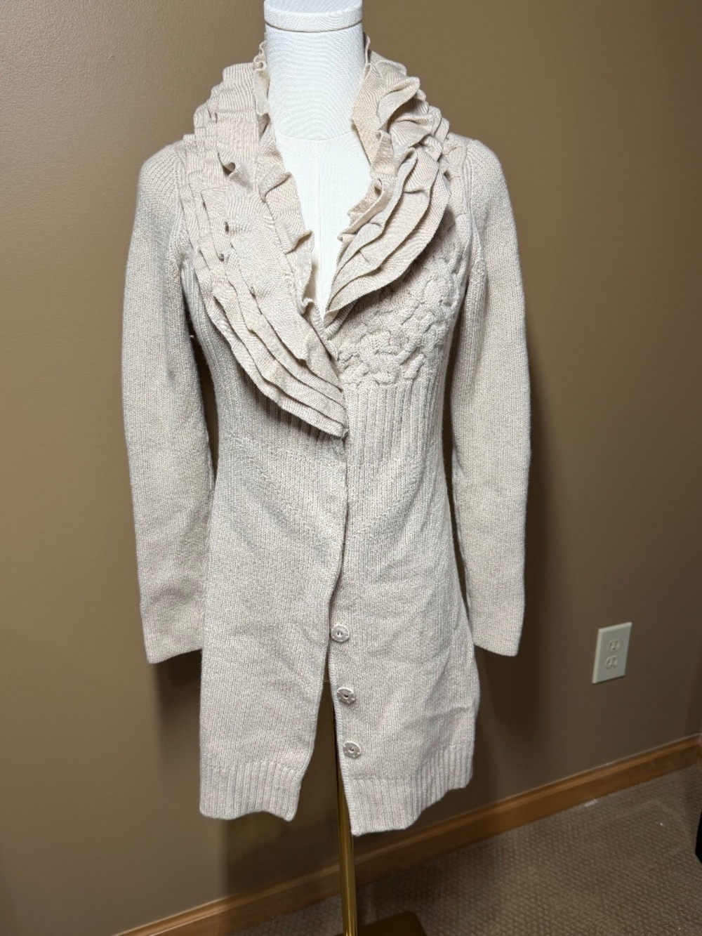 Elie Tahari Long Ruffle Cardigan Sweater Women Small Cream Cable Knit